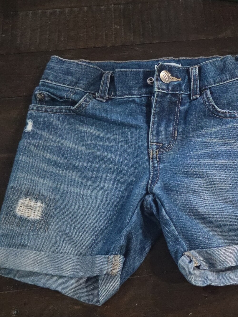 Kids Distressed Blue Denim Roll-Cuff Shorts